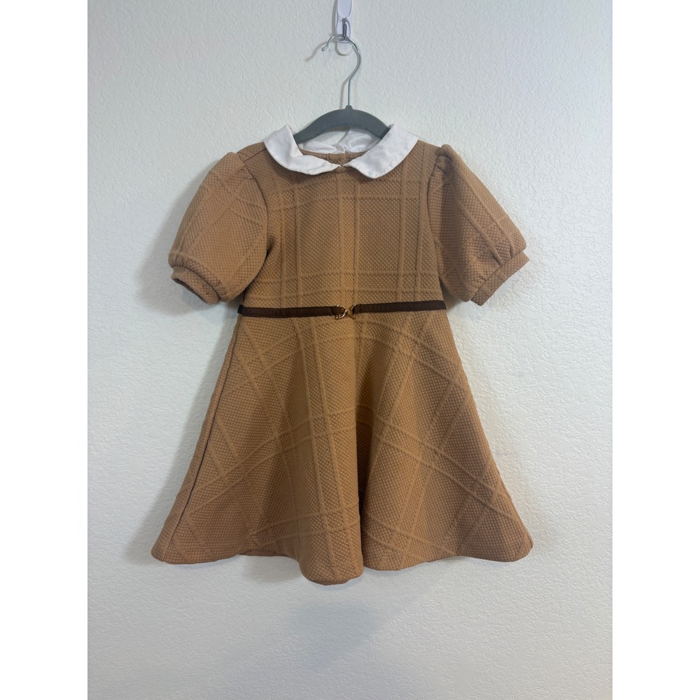 Janie and Jack Quilted Dress Kids Size 3t Brown Peter Pan Collar Belted Preppy